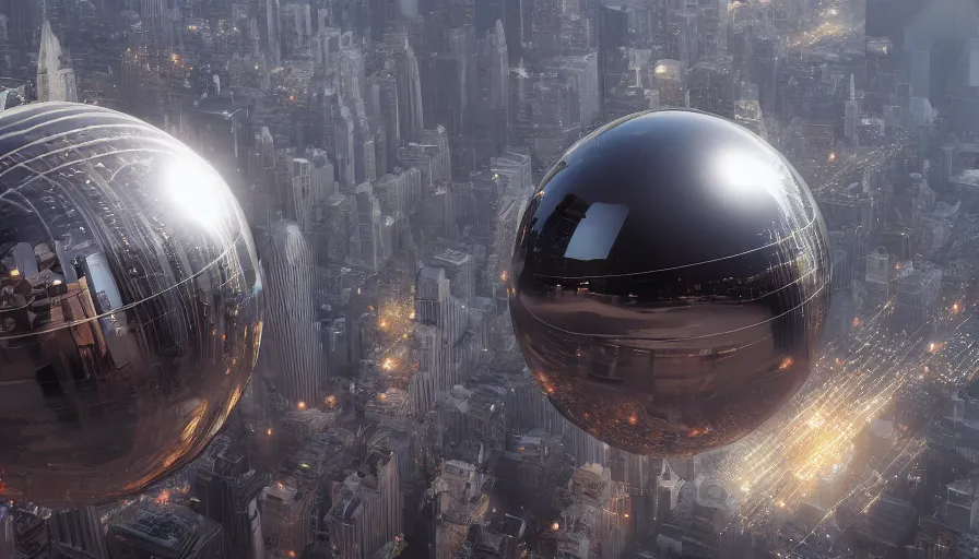 Image similar to giant metallic sphere smashing new york city, hyperdetailed, artstation, cgsociety, 8 k