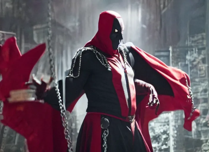 Image similar to film still of jamie foxx as spawn in the new spawn movie, giant chains, large cape, 8 k