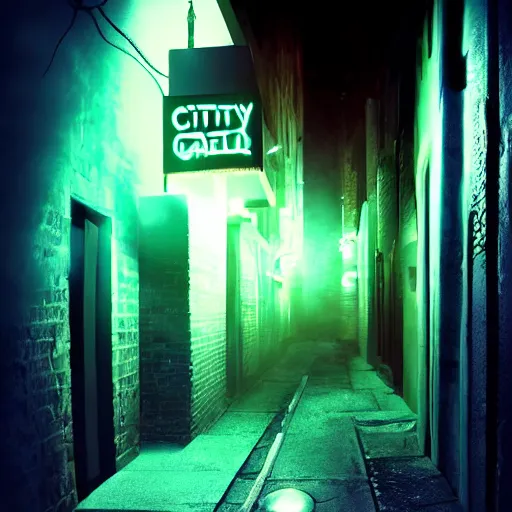 Image similar to dark alleyway with a glowing neon sign, city, cinematic, cinematic lighting, photorealistic, hyperdetailed 3 d matte painting, iridescent, deviantart, trending on artstation, concept art