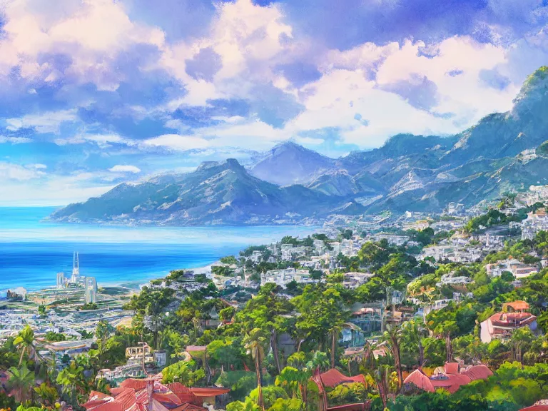 Prompt: very detailed of marbella landscape, sun coast, small city, beach, mountain in the background, trending on artstation, studio ghibli, fine art, 8 k resolution