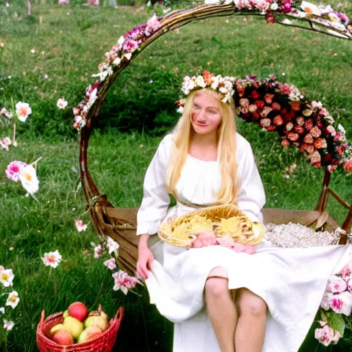 Prompt: a beautiful blonde 2 1 - year - old woman dressed in a white christening gown and wearing a floral crown, sitting on the back of an apple cart surrounded flowers, at the festival of the wicker man in a small scottish village, photoreal, kodachrome film