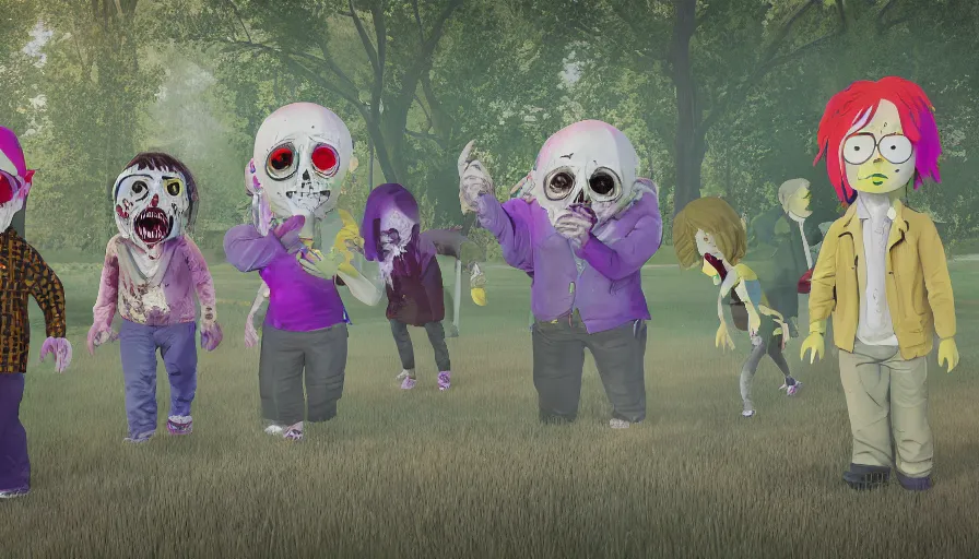 Image similar to night of the living dead by lisa frank's. rotting corpse, zombies, octane render, unreal 5 8 k depth of field, highly - detailed, in the style of south park