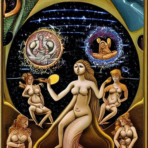 Image similar to by emek golan casual. the computer art shows venus seated on a crescent moon. she is surrounded by the goddesses ceres & bacchus, who are both holding cornucopias.