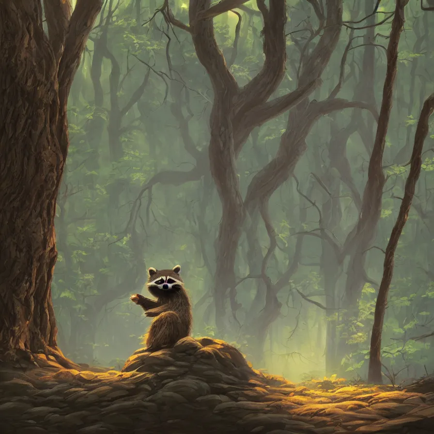 Prompt: raccoon walks in the woods, closeup, trending on artstation, 30mm, by Noah Bradley