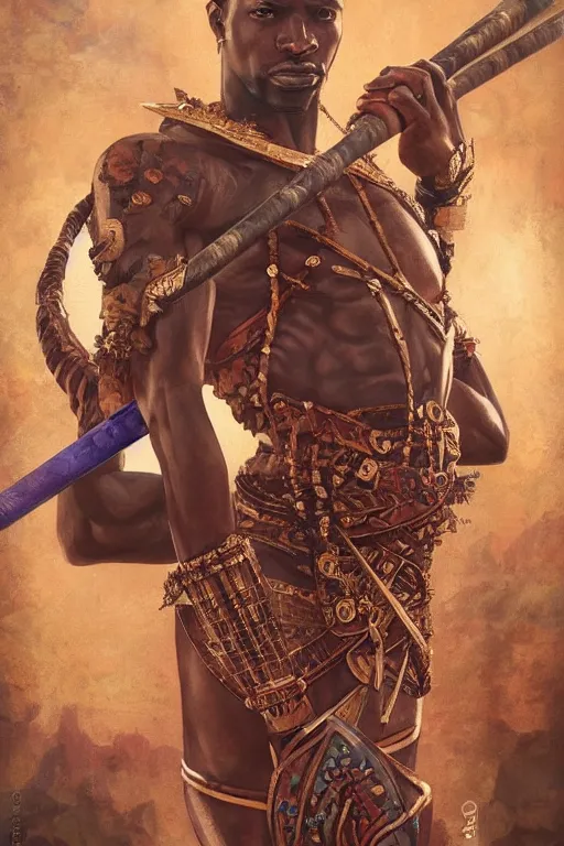 Image similar to ogun with a great spear, African warrior deity with golden and jeweled adornment, orisha God hunters and craftsmen, strong masculine features, menacing cinematic mid portrait, digital illustration, octane render trending on arstation by artgerm, raphaelite and mucha