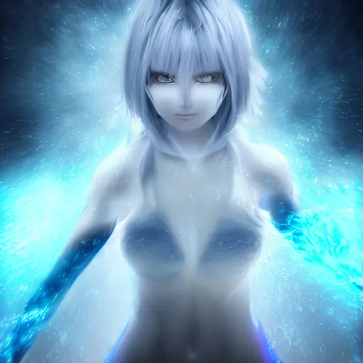 Image similar to photorealistic full body shot of masterpiece angry darkness anime girl, beautifull lovely eyes, posing, electric aura with particles, snowing frozen ice, darkness background, inspired by masami kurumada, detailed, unreal engine 4 k, volumetric light, fog