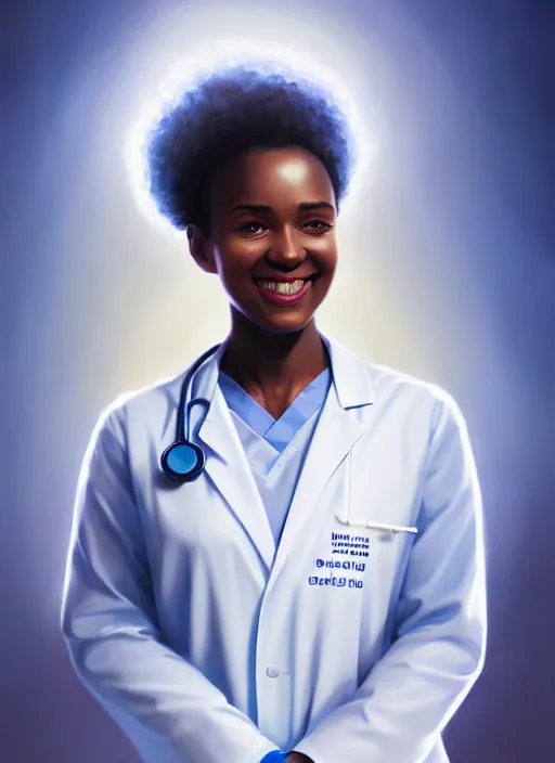 Image similar to full body portrait of young black woman with as a doctor, blue scrubs and white coat, intricate, beaming smile, angelic halo, highly detailed, digital painting, artstation, concept art, smooth, sharp focus, illustration, art by wlop, mars ravelo and greg rutkowski