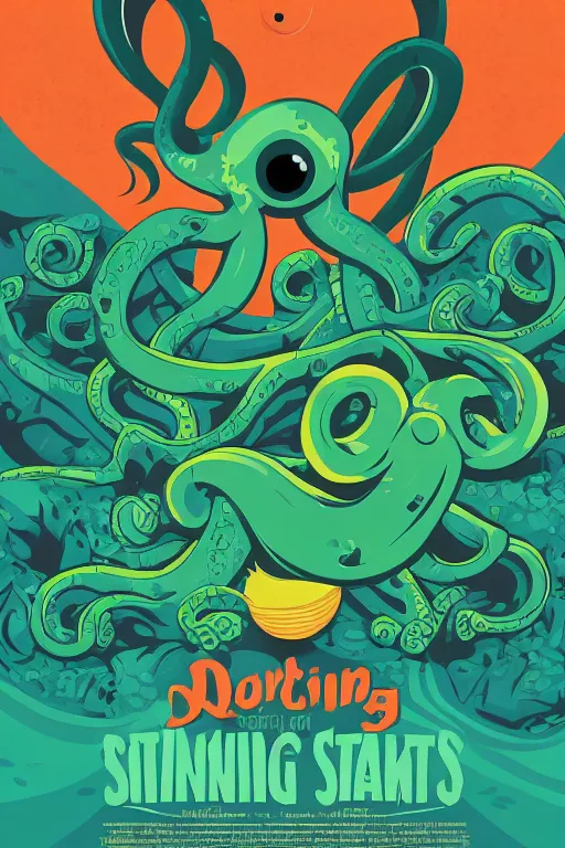 Prompt: a movie poster for the film (dancing green octopus) by Tom Whalen, highly detailed, fantasy, artstation