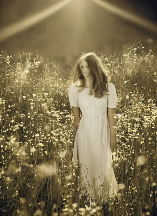Image similar to a woman in a long flowing white dress in a field of wildflowers in the afternoon, flash polaroid photo by george hurrell, hazy light rays, golden hour