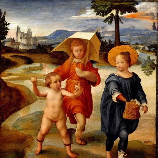 Image similar to children playing in the rain, painting, style of high renaissance period