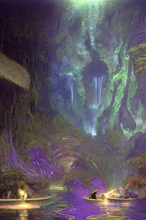 Image similar to Concept Digital Art Highly detailed Alien Art Deco Riza 4 lazy river inside of mount Vesuvius with glowing purple water at midnight, starfleet shore leave, by greg rutkowski, alphonse mucha, and Edmund Blair Leighton. Very highly detailed 8K, exquisite rendering, octane, drum scanner, Digital painting, the golden ratio, rational painting, sharp