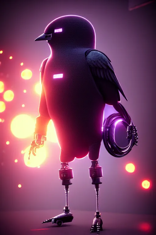 Prompt: high quality 3 d render very cute cyborg crow! incorporated speakers!, cyberpunk highly detailed, unreal engine cinematic smooth, in the style of blade runner & detective pikachu, hannah yata charlie immer, moody light, low angle, uhd 8 k, sharp focus