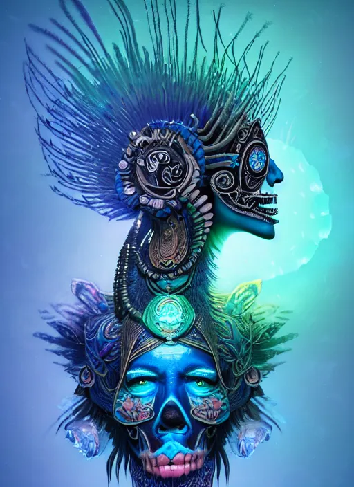 Image similar to 3 d shaman with tattoos profile portrait, sigma 5 0 0 mm f / 5. beautiful intricate highly detailed quetzalcoatl skull and feathers. bioluminescent, gradient background, plasma, frost, water, wind, creature, thunderstorm! artwork by tooth wu and wlop and beeple and greg rutkowski, 8 k trending on artstation,