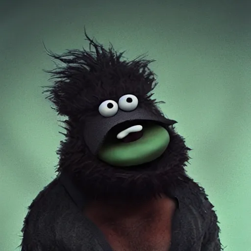 Image similar to a still of a forgotten muppet character looking very manly and modern, hilarious, laughing, hairy chest, huge chin, manly monster tough guy, roughled fur, photo real, photographic, photograph, artstation, trending, featured