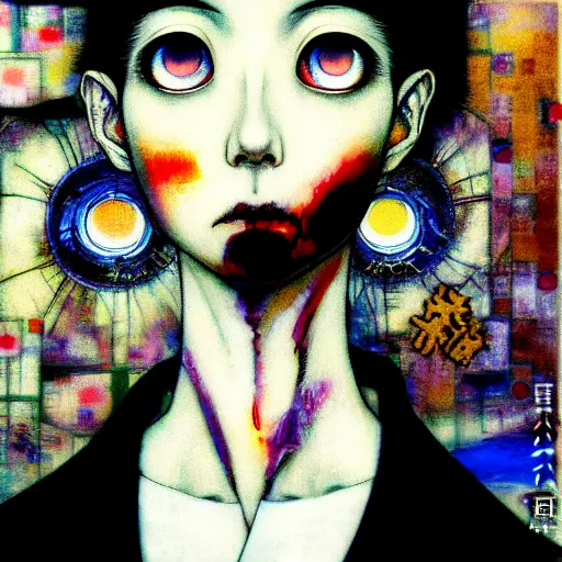 Prompt: yoshitaka amano blurred and dreamy realistic three quarter angle horror portrait of a sinister young woman with short hair, big earrings and black eyes wearing office suit with tie, junji ito abstract patterns in the background, satoshi kon anime, noisy film grain effect, highly detailed, renaissance oil painting, weird portrait angle, blurred lost edges