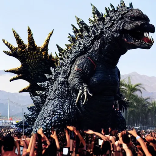 Image similar to Godzilla as Beyoncé performing on stage at Coachella, photo