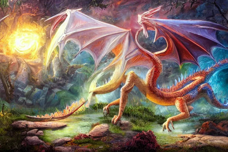 Prompt: highly detailed oil painting of a crytal dragon sitting in a steaming colorful hotspring with woodland forest backdrop, featured on artstation