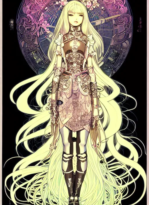 Image similar to highly detailed terada katsuya artgerm artstation s minaba hideo manga poster of princess mechine, long hair, armor, dress, laces, ruffles, 8 k, maximalist, hinny fluorescent gradient reflection, jump comics, tomer hanuka, alphonse mucha