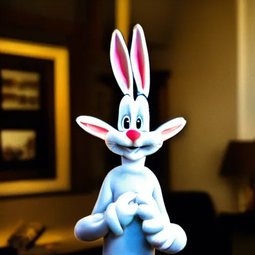 Prompt: A full portrait photo of real-life bugs bunny, f/22, 35mm, 2700K, lighting.