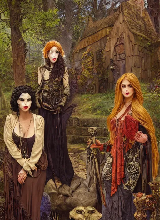 Image similar to outside covens den, intricate wiccan scene detailing, textless, hyperornate wiccan photorealistic mask, highly detailed, photorealistic, diffuse lighting, hdrp render, artstation, unreal 5, smooth, sharp focus, art by john collier, albert aublet, krenz cushart, artem demura, alphonse mucha