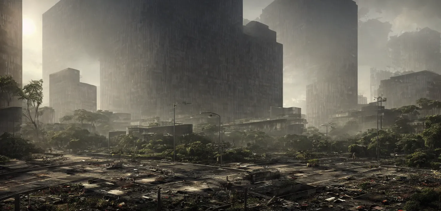 Prompt: ground level, brutalist buildings, abandoned, empty streetscapes, overgrown jungle, natural volumetric light, mist, sunset, rusted steel, concrete, glass, stunning skies, scattered rubbish and debris, 8 k, finely detailed, unreal engine, imax, cinematic, beautifully illustrated, sharp focus, minimal artifacts, doom, greg rutkowski, artstation