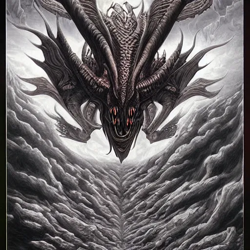 Prompt: an alien dragon demigod descending from the cosmos to consume the earth, by dan seagrave art