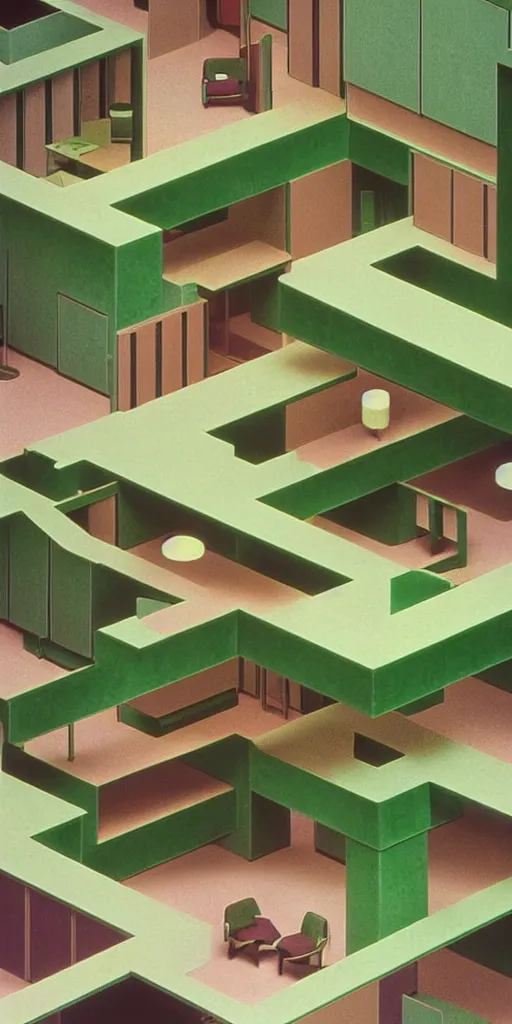 Image similar to huge sprawling gargantuan angular dimension of infinite indoor landscape 7 0 s green velvet and wood with metal office furniture. surrealism, mallsoft, vaporwave. muted colours, 7 0 s office furniture catalogue, shot from above, endless, neverending epic scale by escher and ricardo bofill