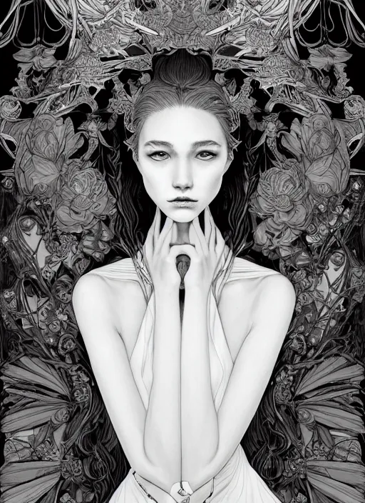 Image similar to the portrait of an unbelievably beautiful, elegant, sensual, and sophisticated young woman, an ultrafine detailed illustration by james jean, intricate linework, bright colors, final fantasy, behance contest winner, vanitas, angular, altermodern, unreal engine 5 highly rendered, ethereal, ominous, detailed and intricate environment