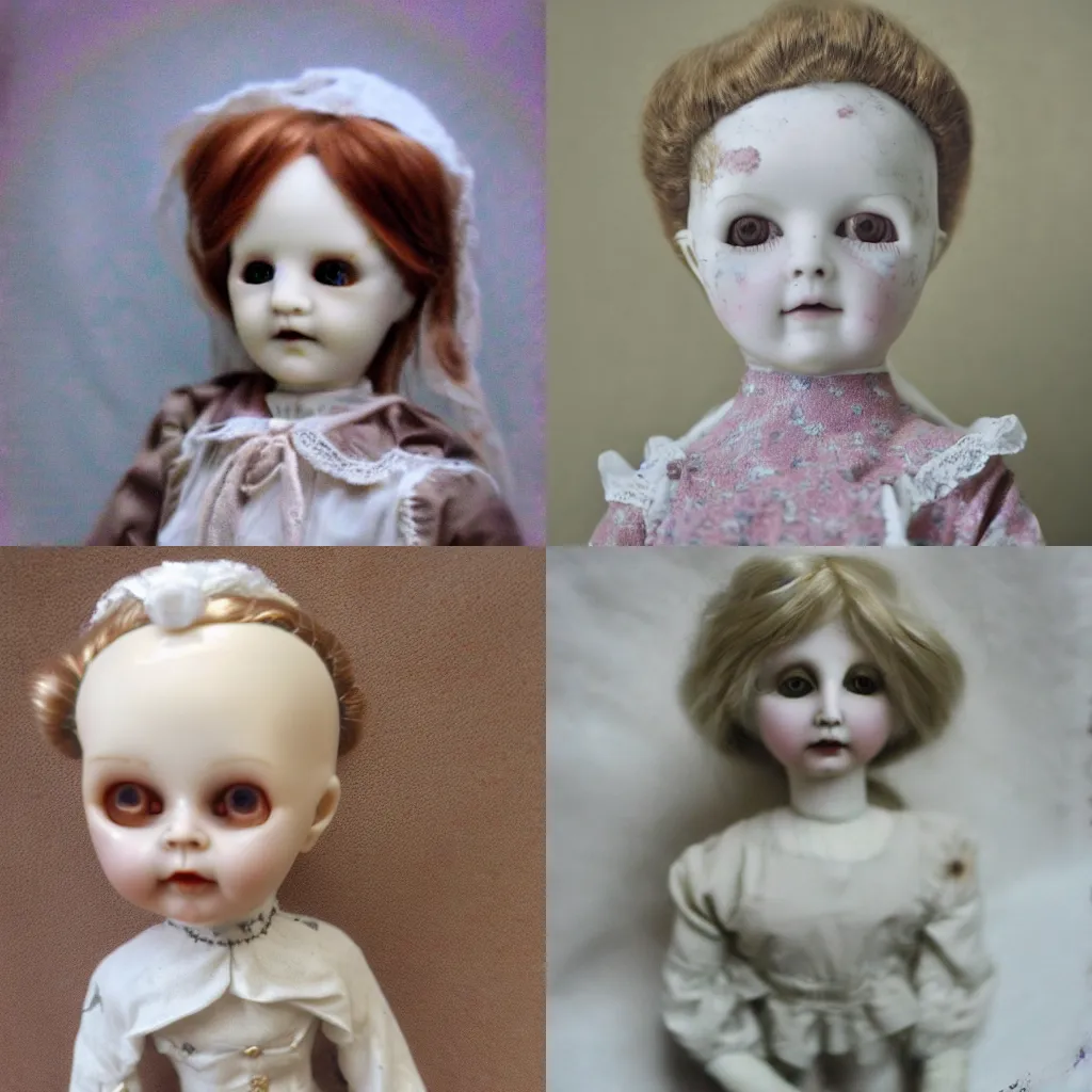 Prompt: blursed doll, porcelain, photography, mattell, antique, 90\'s, haunted