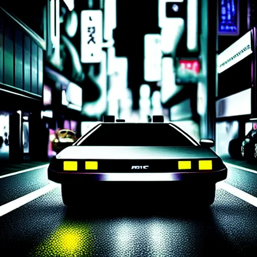 Image similar to a car Delorean in middle of road, shibuya prefecture, night city, cinematic color, photorealistic, highly detailed