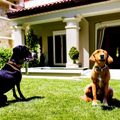 Image similar to a very detailed photo of a dog smoking a cigar outside the mansion by the pool