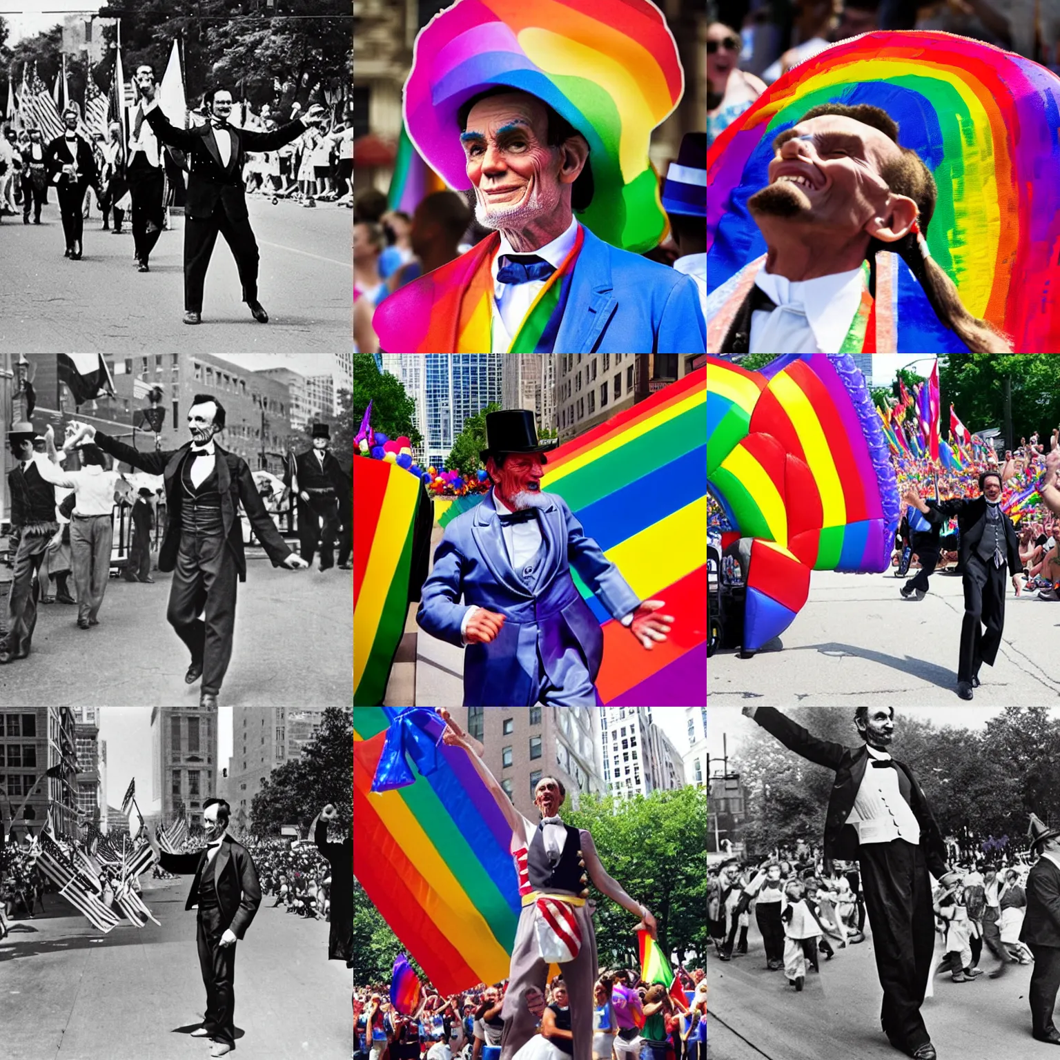 Prompt: “Abraham Lincoln dances on a Pride Parade float at the Chicago Pride Parade, 2022”