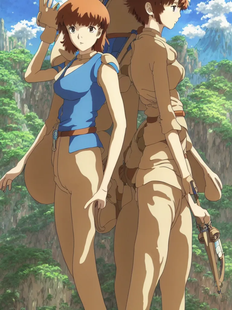 Image similar to anime art full body portrait character nausicaa by hayao miyazaki concept art, anime key visual of elegant young female, short brown hair and large eyes, finely detailed perfect face delicate features directed gaze, valley and mountains background, trending on pixiv fanbox, studio ghibli, extremely high quality artwork by kushart krenz cute sparkling eyes