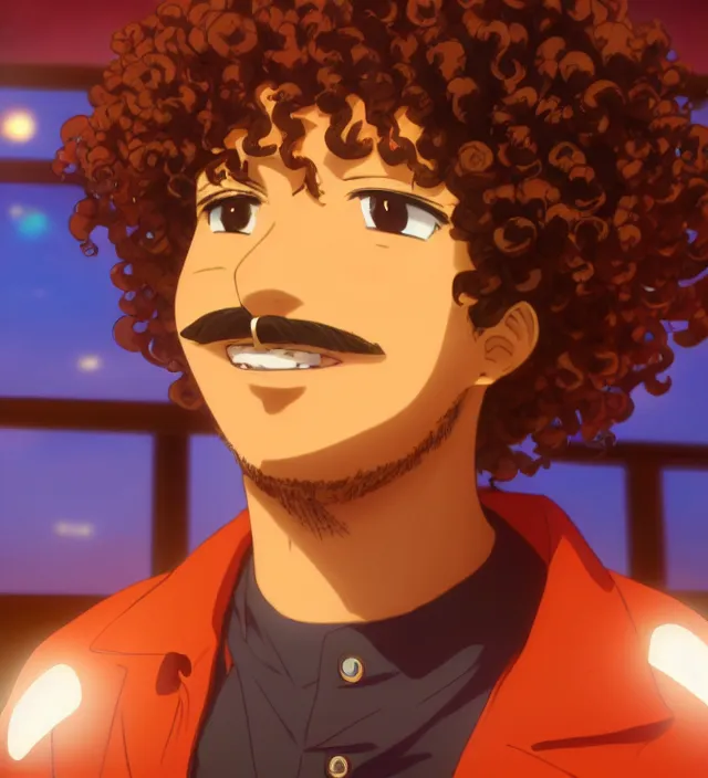 Image similar to close - up anime still of ( ( charming!!!!! latino middle - aged anime protagonist with curly afro and moustache!!! tilting his head charmingly ) late night in an anime bar, cozy lights, detailed orange atmosphere. cinematic rim lighting, global illumination, trending on artstation, hypdertailed, perfect shading, dreamy, masterpiece