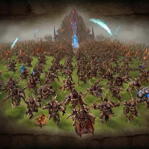 Prompt: World of Warcraft GOA GREJER horde orcs massive army surrounding Orgrimmar realistic