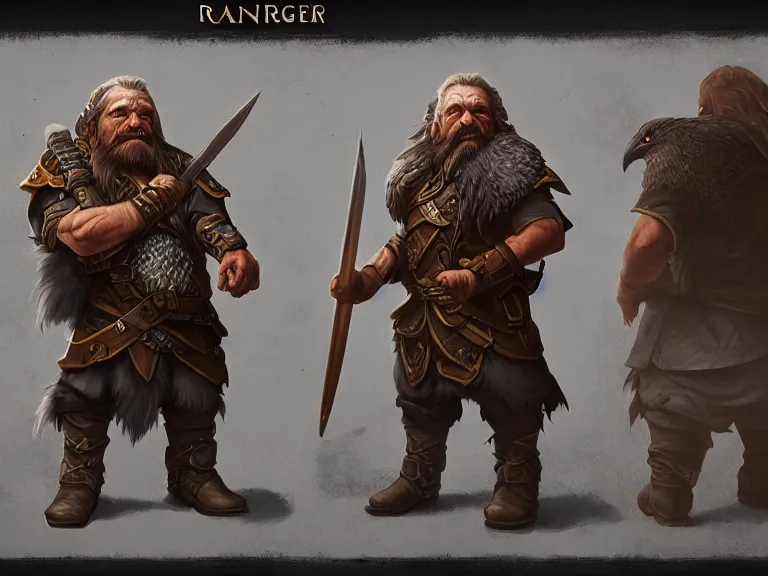 Prompt: Dwarf Ranger with Raven Companion, RPG Reference Sheet, Oil Painting, Trending on Artstation, octane render, Insanely Detailed, 8k, HD