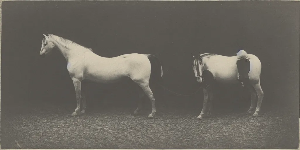 Image similar to a cat sitting on a horse, strange, black and white, photograph, 1850s