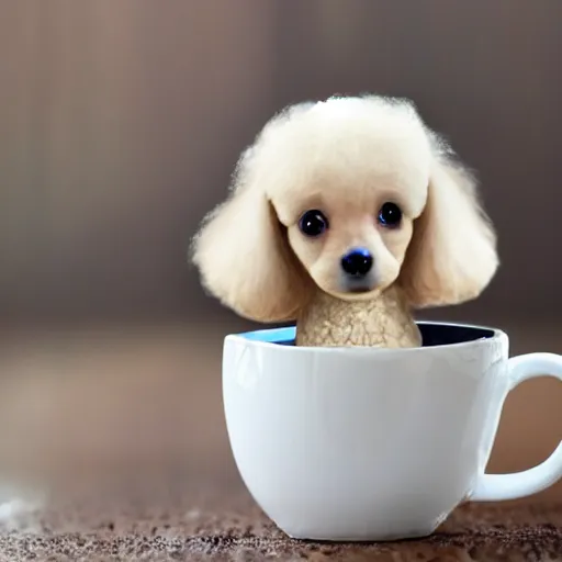 Image similar to very realistic cute poodle puppy sitting inside a tea cup