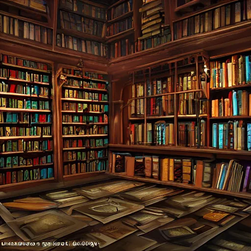 Prompt: dynamic portrayal of a magic Library , epic, fantasy art, 4k, unreal engine, volumetric lighting