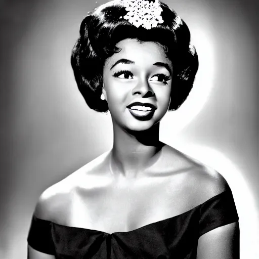 Prompt: black and white photo of a beautiful and elegant 1 9 5 9 young black actress with four in her hair
