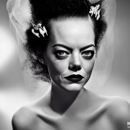 Prompt: emma stone as the bride of frankenstein, bride of frankenstein hair, universal, movie, photography, portrait, beautiful,