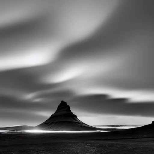 Prompt: Landscape photography, Icelandic, Photography, Color Grading, DSLR, Long Exposure, Black and White with blue filter, Beautiful Lighting