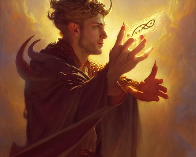 Image similar to attractive male deity, casting demonic magic, summoning handsome lucifer morning star. highly detailed painting by gaston bussiere, craig mullins, j. c. leyendecker 8 k