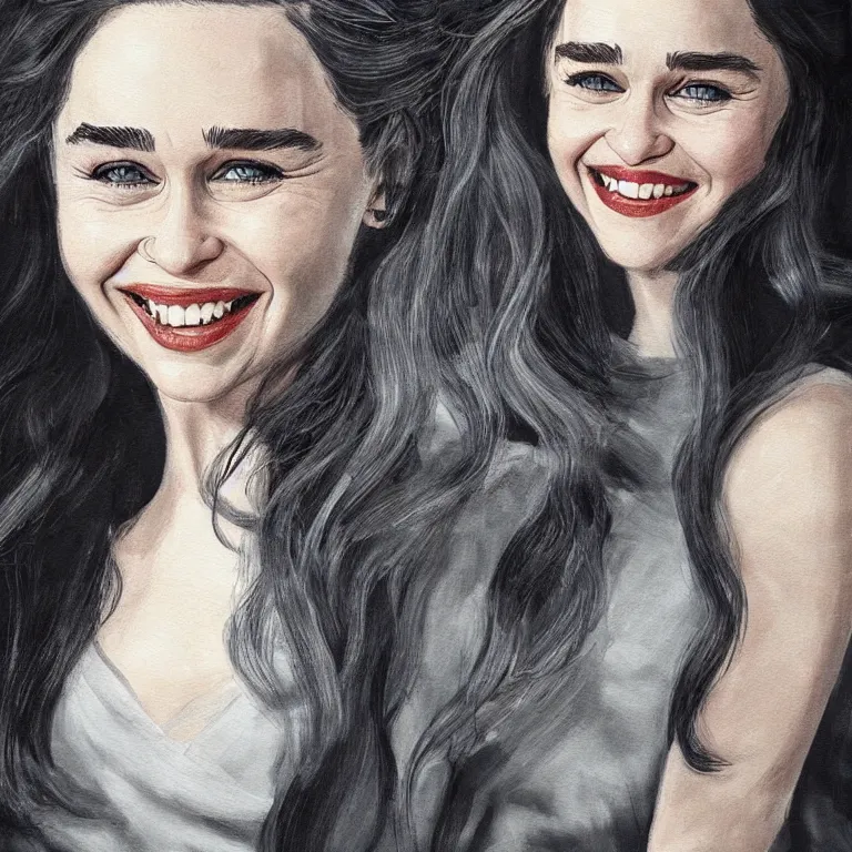 Image similar to an amaze - art painting of emilia clarke using single line in style of geoff slater, amaze art, smiling face