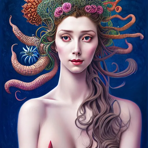 Image similar to portrait of a young attractive nerdy woman in flowing sensual dress, arrogant, long fine flowing hair, delicate, looking at camera, slightly awkward smile, realistic face, realistic hands, stylish, elegant, grimdark fantasy, flowers, extremely detailed painting inspired by Gerald Brom and Ernst Haeckel and Sandro Botticelli , studio lighting