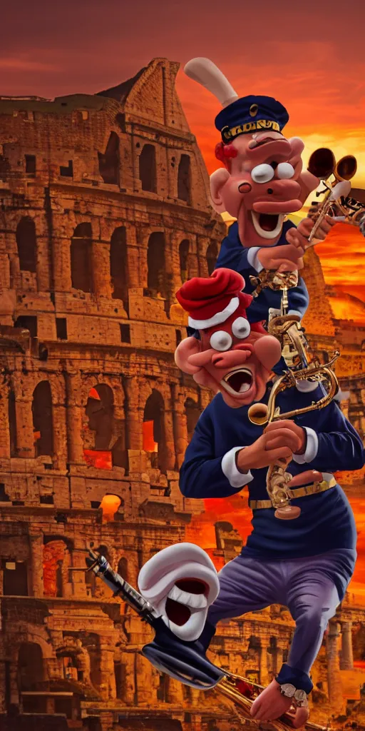 Prompt: angry saxophonist with saxophone and flute wearing popeye the sailor costume carving a larger than life statue of himself, hyper realistic, 8 k resolution, roman amphitheater and skyline of ancient rome is burning in the background, red skies, smoke billows over the horizon, hell, complete pandemonium