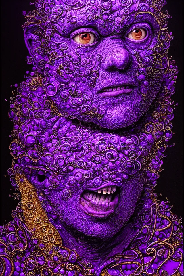 Image similar to bizarre purple blacklight detailed renaissance portrait of cookie monster as a highly detailed realistic real life person, dramatic cinematic lighting, 8 k, beautiful intricate painting by james r eads, ron mueck and tomasz alen kopera