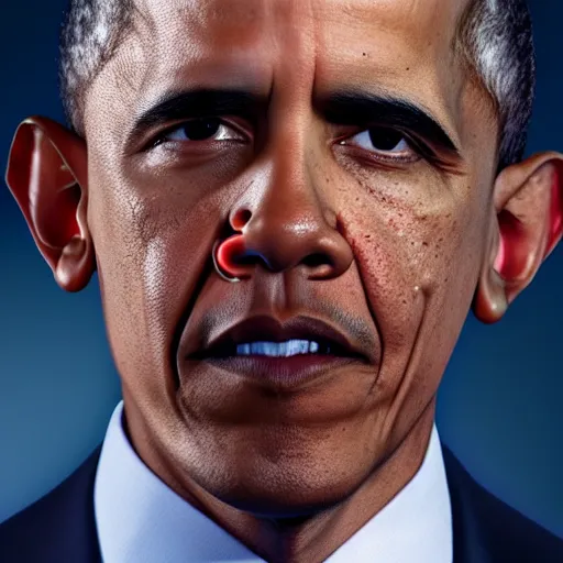Image similar to Obama eyes are red flashlight glowing eyes, hype realistic flames are burning behind Obama, 40nm lens, 4k,