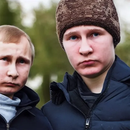 Image similar to A photo of putin teams up with a teenage putin, perfect faces, 50 mm, award winning photography