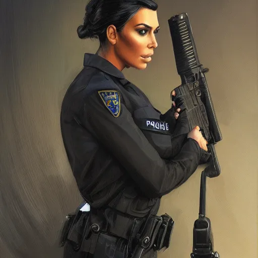 Image similar to kim kardashian as a cop, police uniform, full body view, full pov, haunted house interior, pretty, aesthetic, dust molecules, matte detailed photo, DeviantArt, Artstation, by donato giancola, ralph horley, loish, cinematic lighting